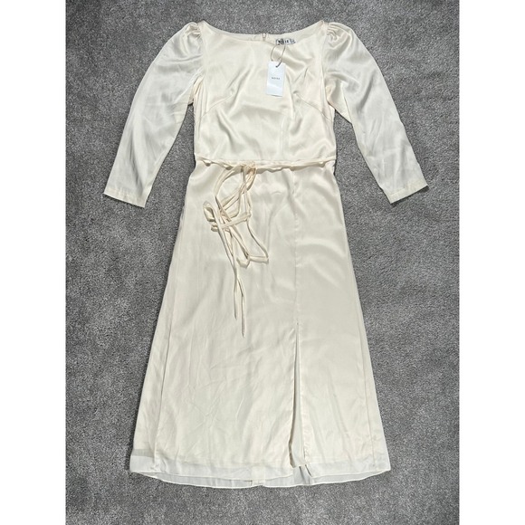 NOIRE Dresses & Skirts - NOIRE Women Cream Satin Long Sleeve Midi Dress‎ with Front Slit and Waist Tie S